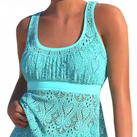 Women's solid colour two-piece swimsuit with a conservative cut and hollow design detail.