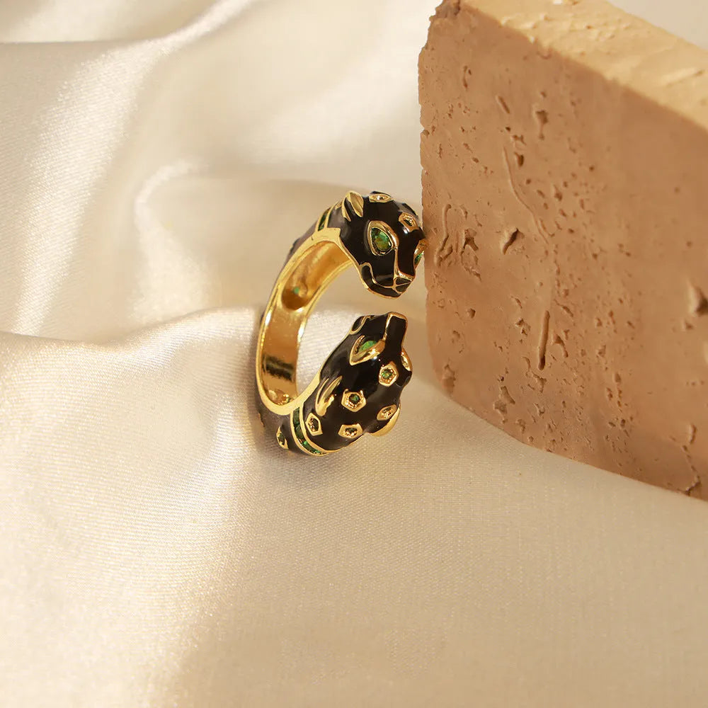 Women's geometric open ring with black cheetah print pattern on electroplated copper, size no.7