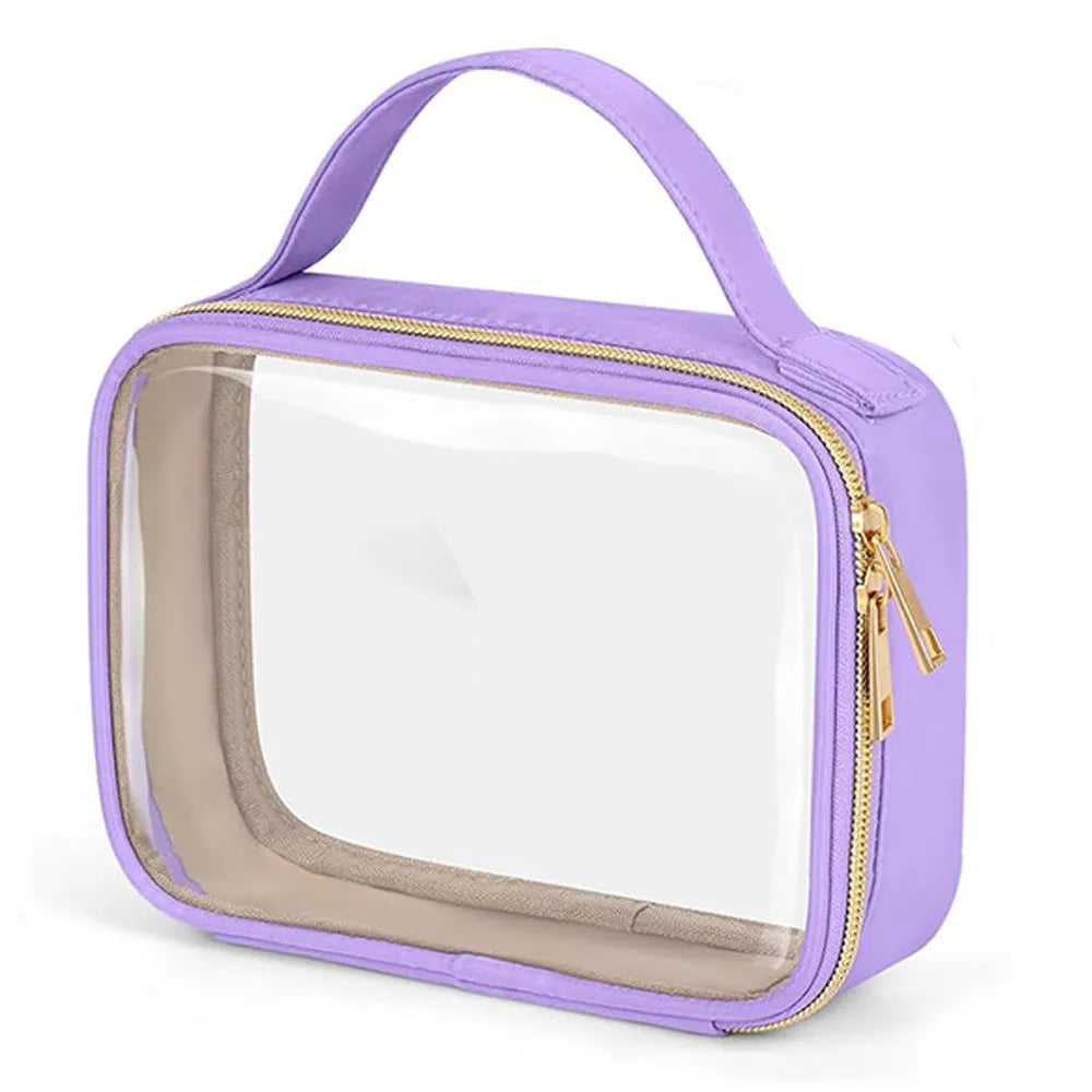 Transparent PVC wash bag showing cosmetics inside with chain handle