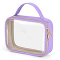 Transparent PVC wash bag showing cosmetics inside with chain handle