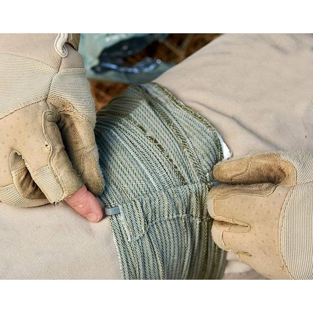 A sealed package containing a rolled tactical hemostatic gauze bandage, shown in 4-inch and 6-inch size options.