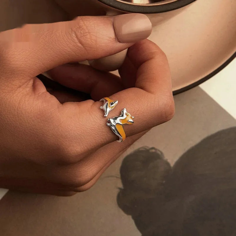 Silver cartoon corgi dog ring for women with SCR1014-E electroplated colour finish