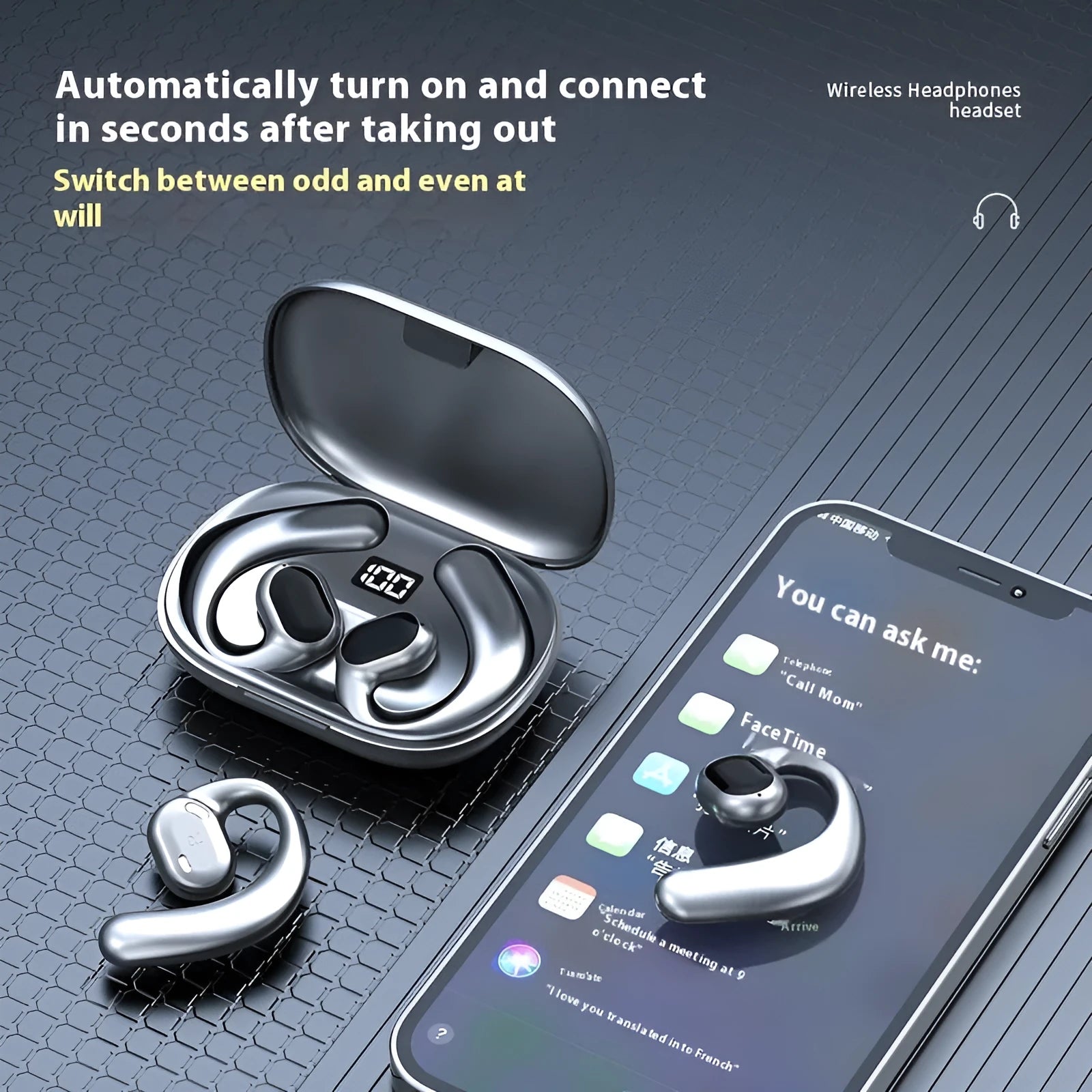 Ear-mounted Bluetooth wireless headset with digital display screen in black colour