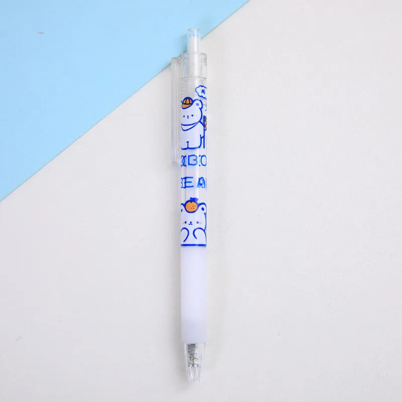 Set of six cute cream bear and rabbit character press pen knives on a white background.