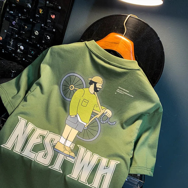 Green men's T-shirt with literary youth printed design and short sleeves