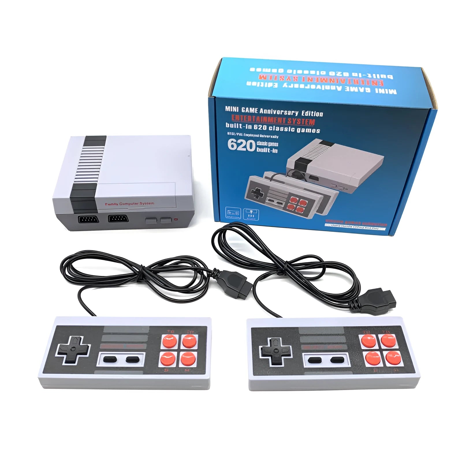 NES retro gaming console with two controllers, AV cable, and power supply on white background