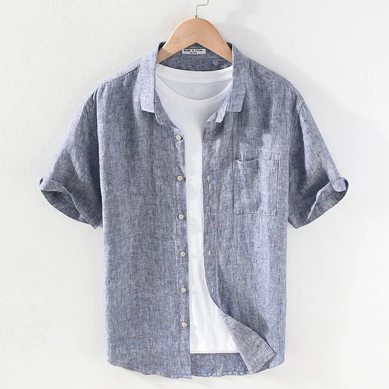Men's short sleeve linen shirt with square collar in raw jute colour and grey options