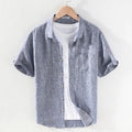 Men's short sleeve linen shirt with square collar in raw jute colour and grey options