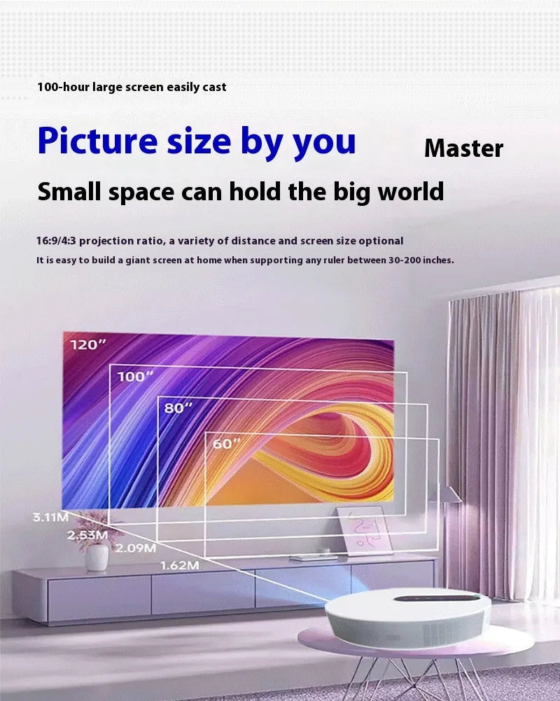 White 720p HD home projector with remote control on a table.
