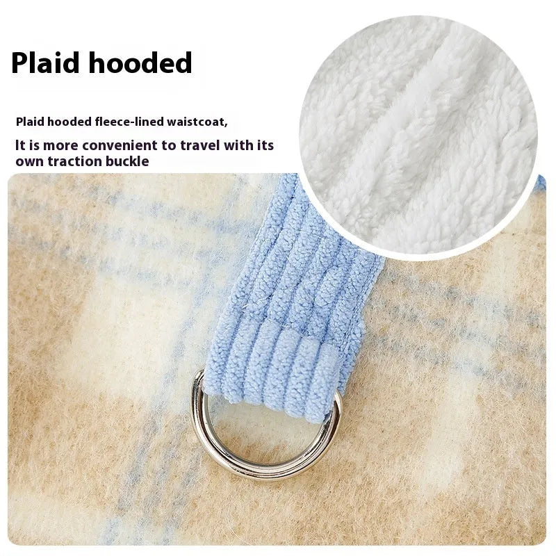 Blue corduroy pet hoodie vest with chessboard grid pattern and hood for a small dog.