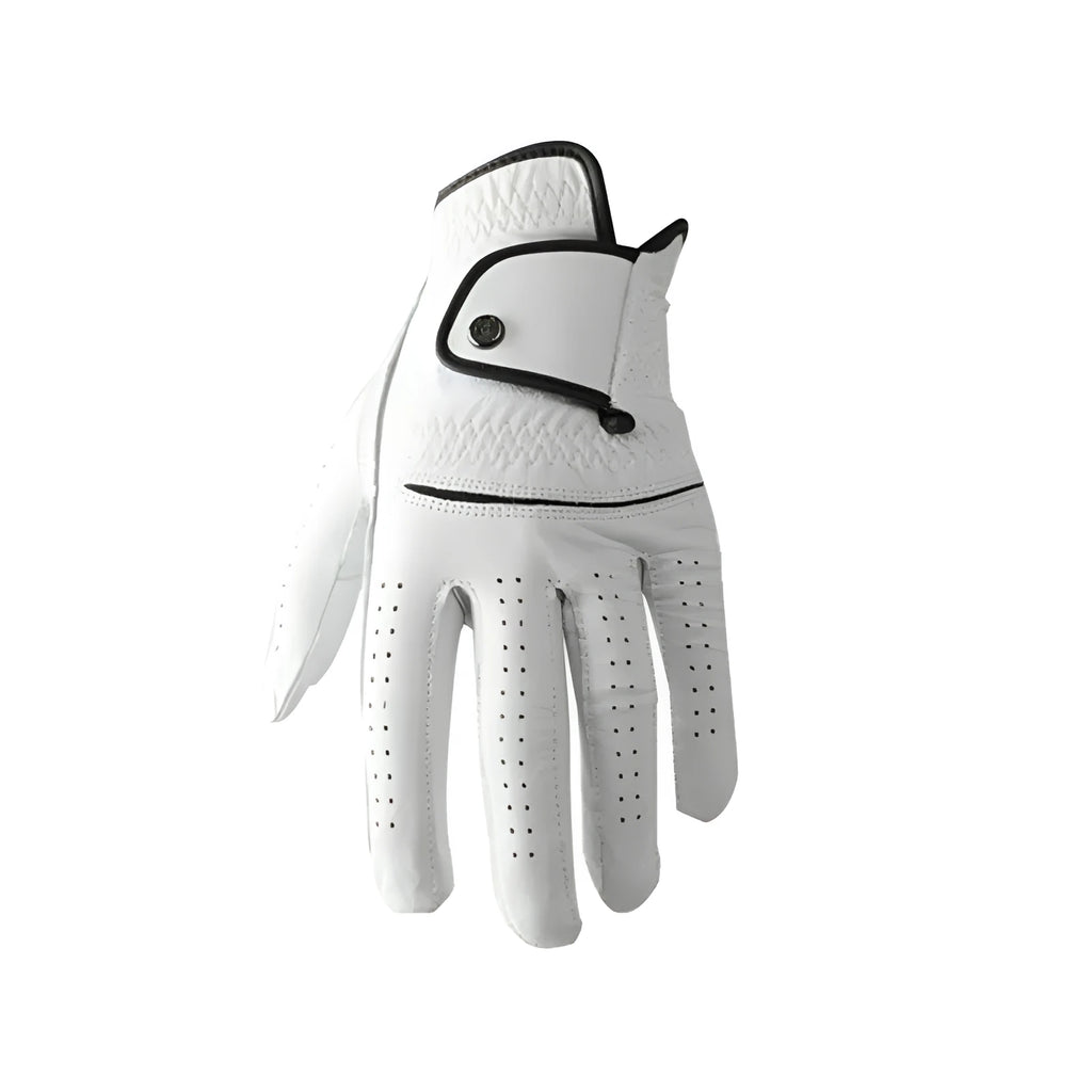 Men's white half sheepskin golf glove shown flat, highlighting the non-slip material.