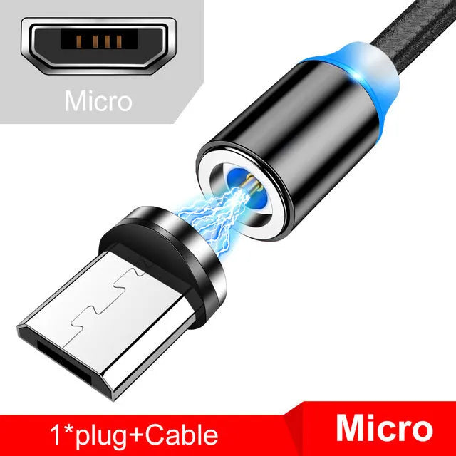 Magnetic USB charging cable with LED indicator showing black and red colour options