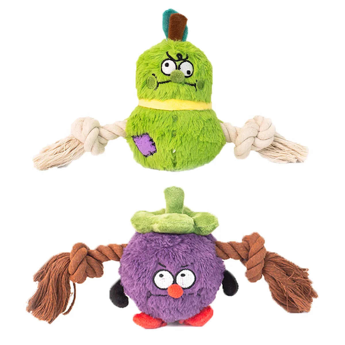Green interactive dog toy with plush rope knot and white molar tooth chew element