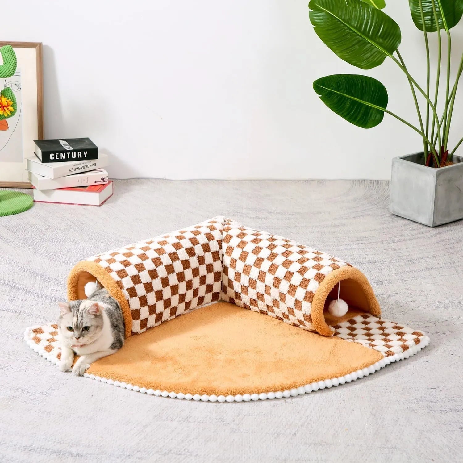 XL sized fan-shaped plush pet bed with a tunnel entrance and a thick sleeping mat, in a coffee colour with an anti-slip granular base.