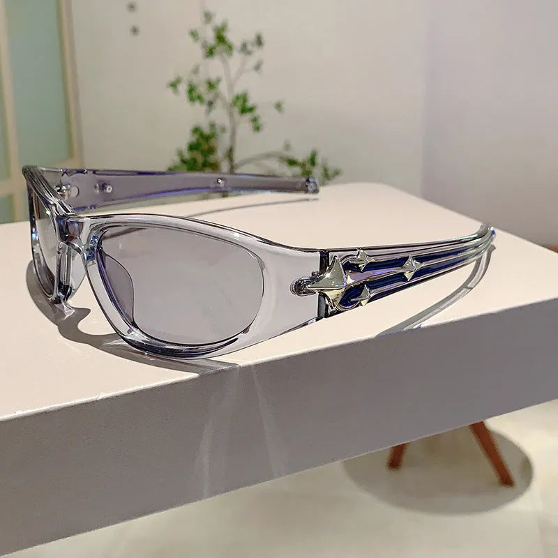 Special-shaped polycarbonate sunglasses with category 3 lenses shown in a black frame and blue lens colour option.