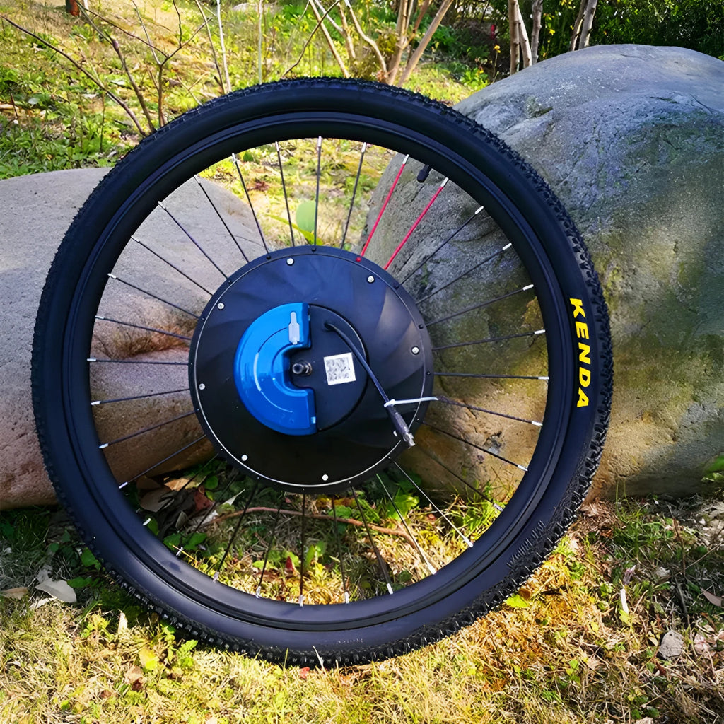 26-inch bicycle electric conversion kit showing hub motor wheel, lithium battery, and 12.6V5A charger