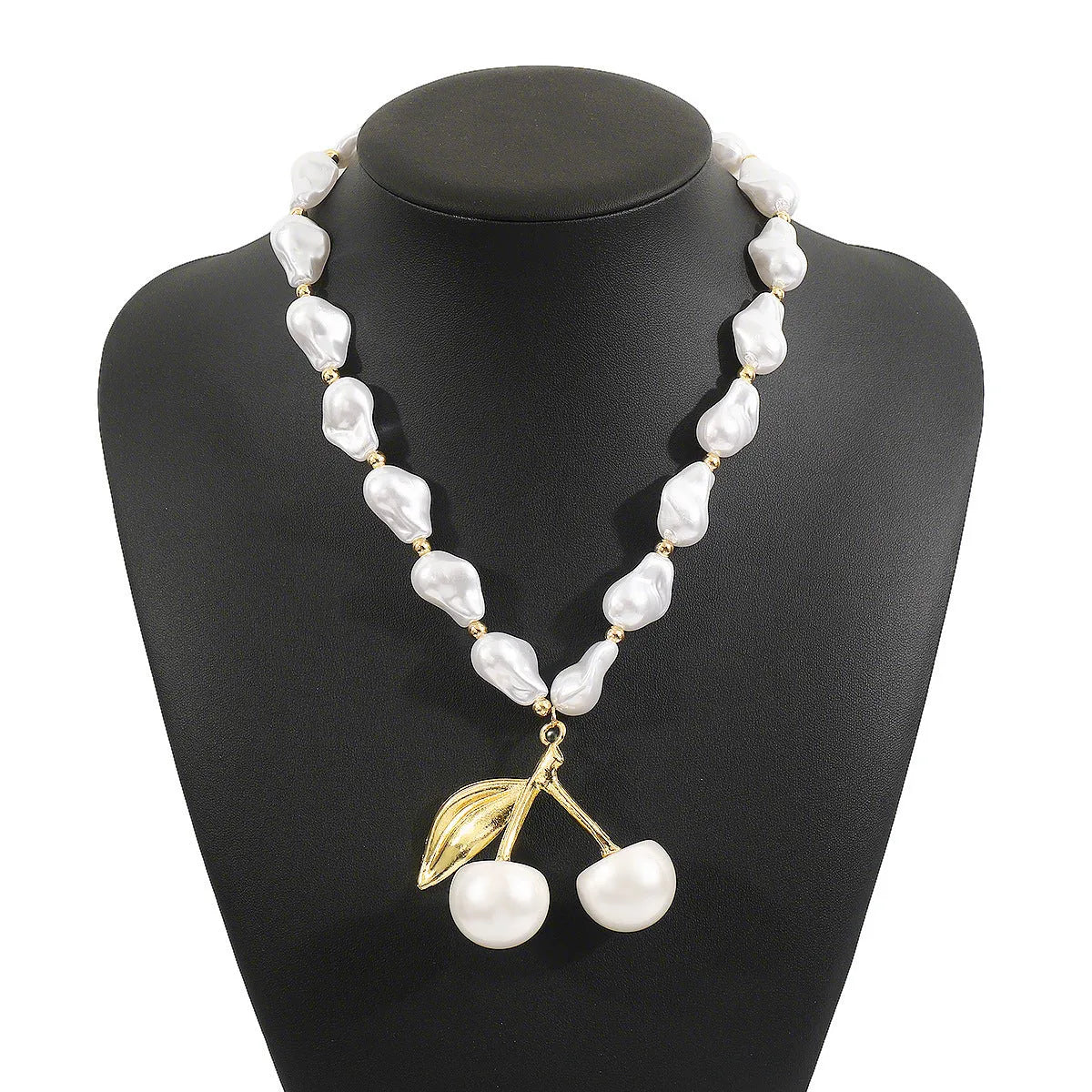 Gold geometric cherry fruit pendant on imitation pearl chain necklace for women