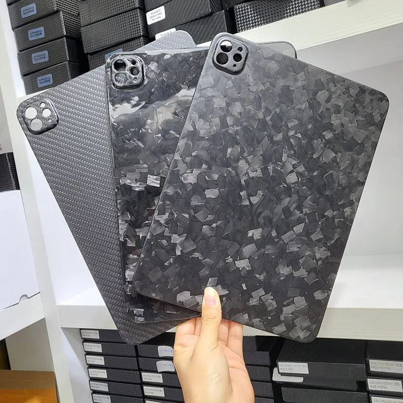 Real carbon fibre hard protective case for Apple iPad Pro 11 with a plaid embossed pattern.