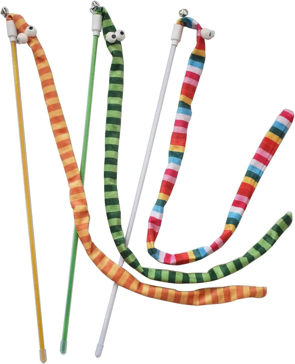 Cat wand toy with polycarbonate pole and plush strip in bright colours for interactive play