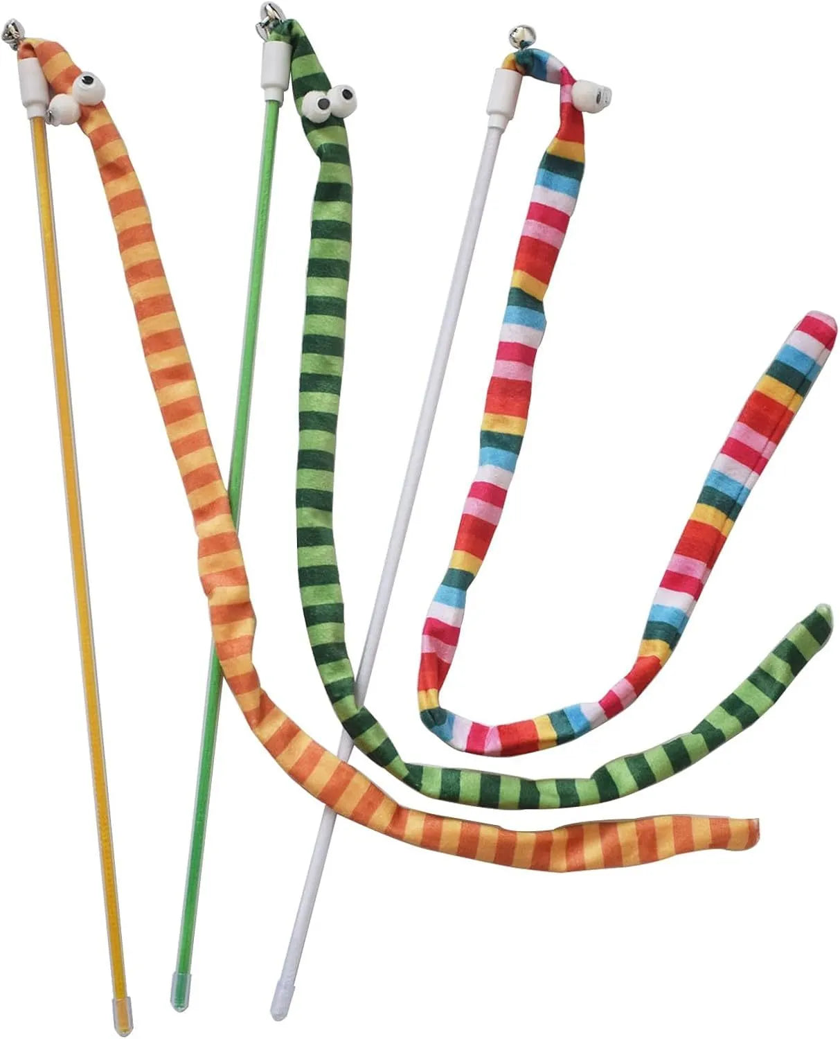 Cat wand toy with polycarbonate pole and plush strip in bright colours for interactive play