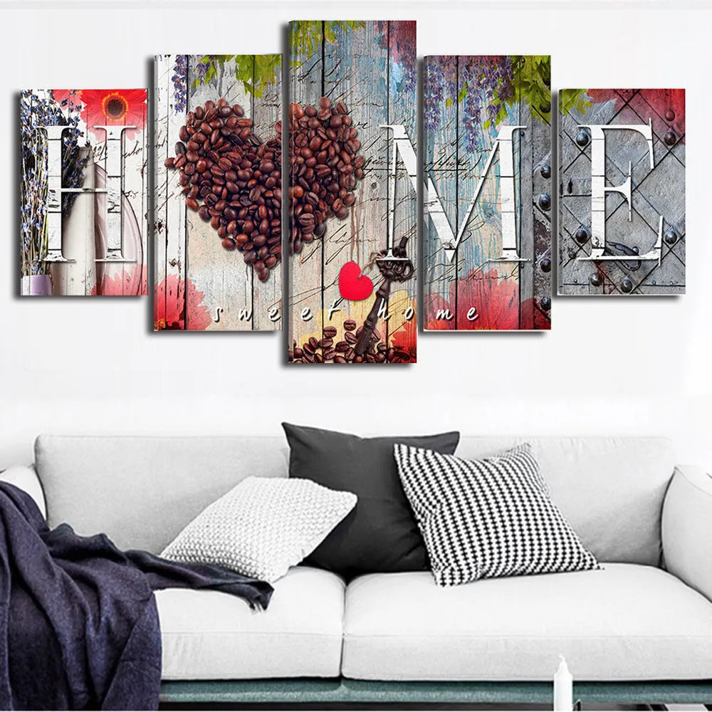 Red oil painting decoration boards in multiple sizes arranged on wall