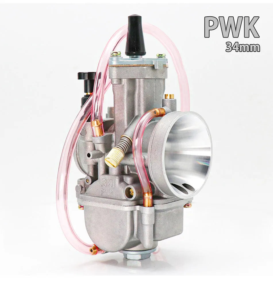 Motorcycle carburettor modification kit with sandblasted finish, showing size options from 21mm to 34mm bore.