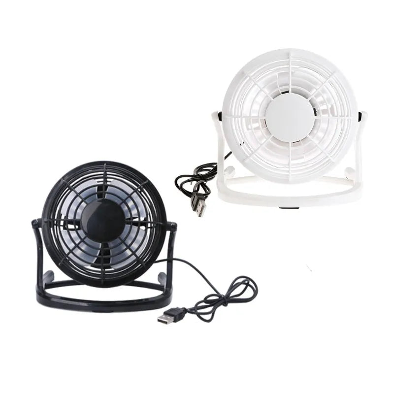 Mini USB desk fan in black colour with adjustable tilt, showing 96mm blades and USB cable