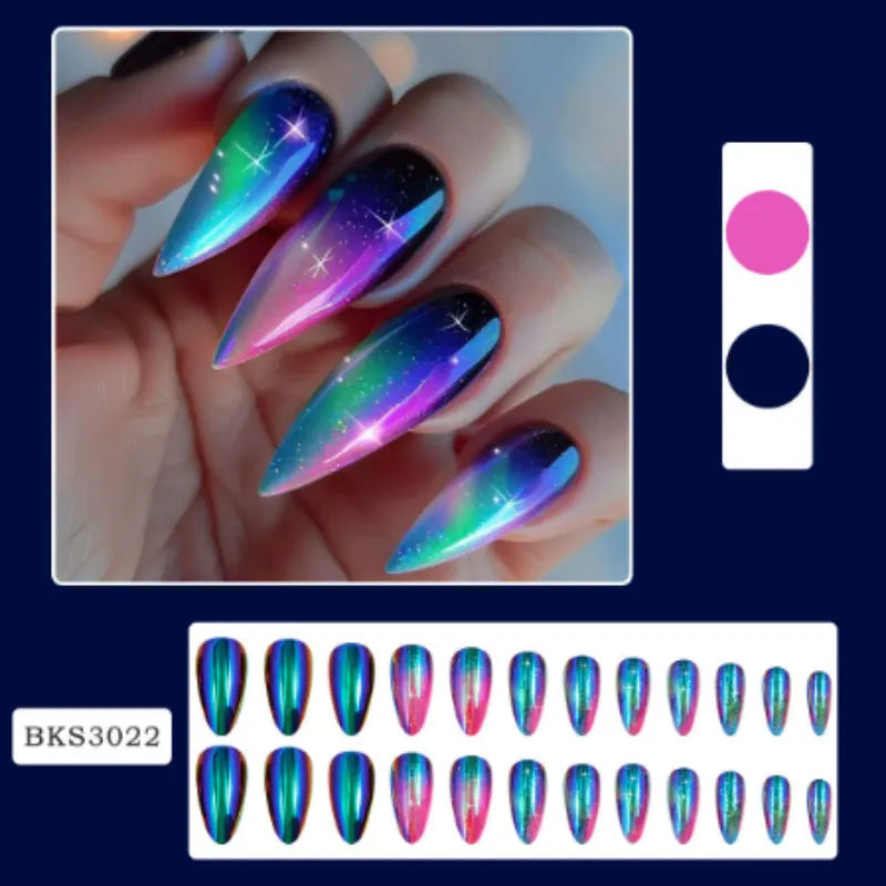 Four boxes of almond-shaped frosted nail stickers showing French leaves, leopard print, macaron and plating designs with tulip pattern