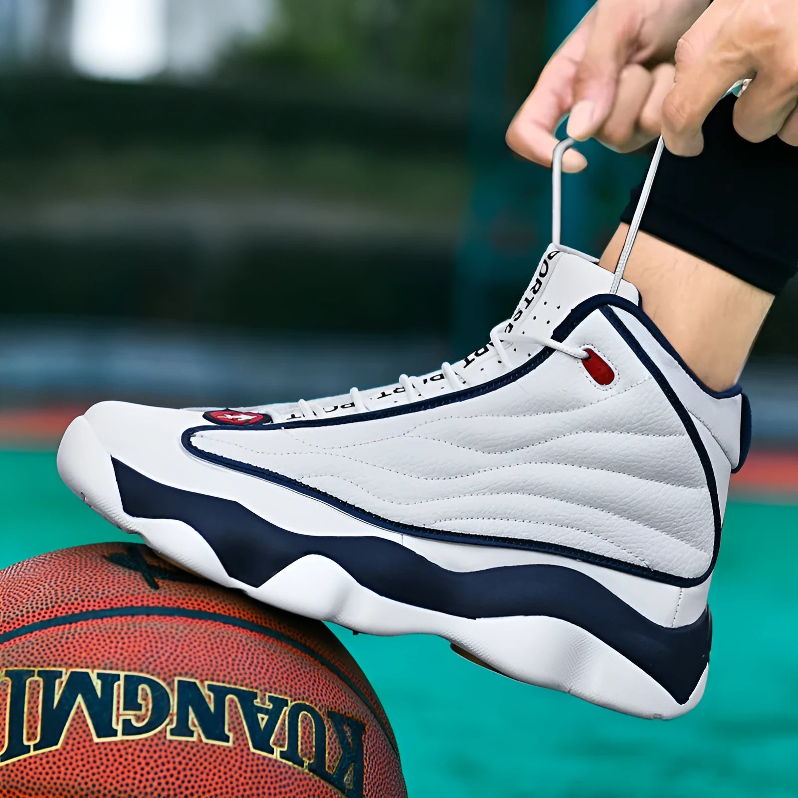 High-top basketball shoes with thick rubber sole and mesh upper in AJ13 colour options