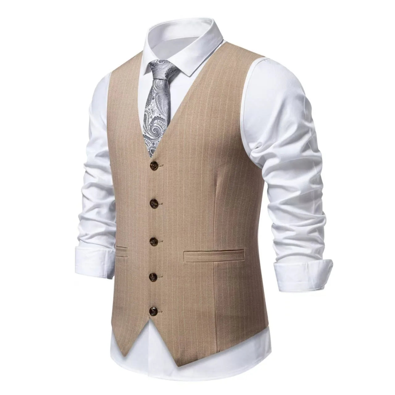Men's striped suit vest in red black or khaki polyester formal business wear