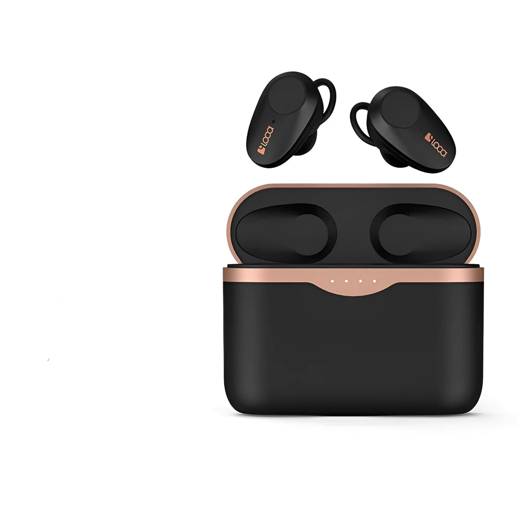 Black wireless Bluetooth headset with twin earpieces and charging case featuring ANC and voice control