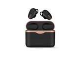Black wireless Bluetooth headset with twin earpieces and charging case featuring ANC and voice control