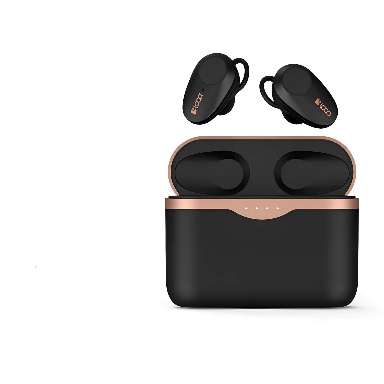 Black wireless Bluetooth headset with twin earpieces and charging case featuring ANC and voice control