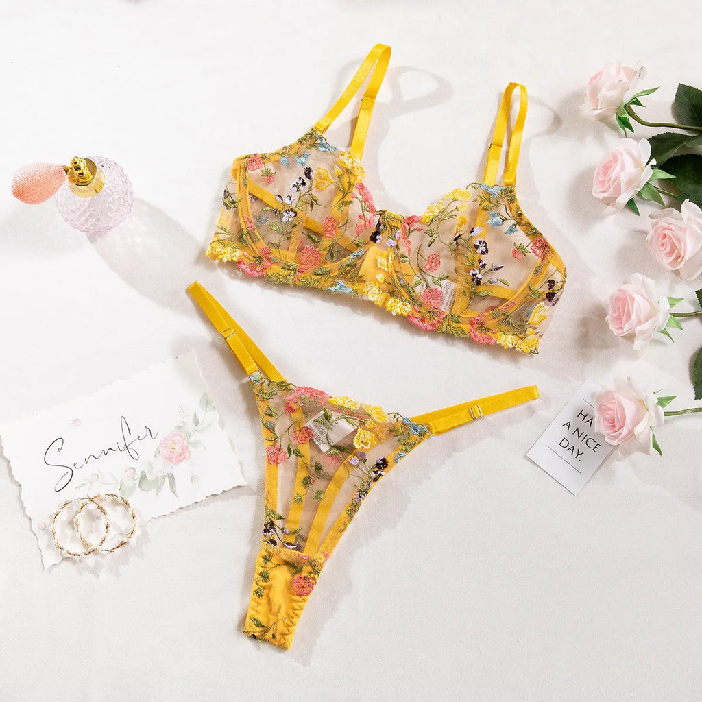 Floral pattern mesh bra with steel ring T-back in multiple colours
