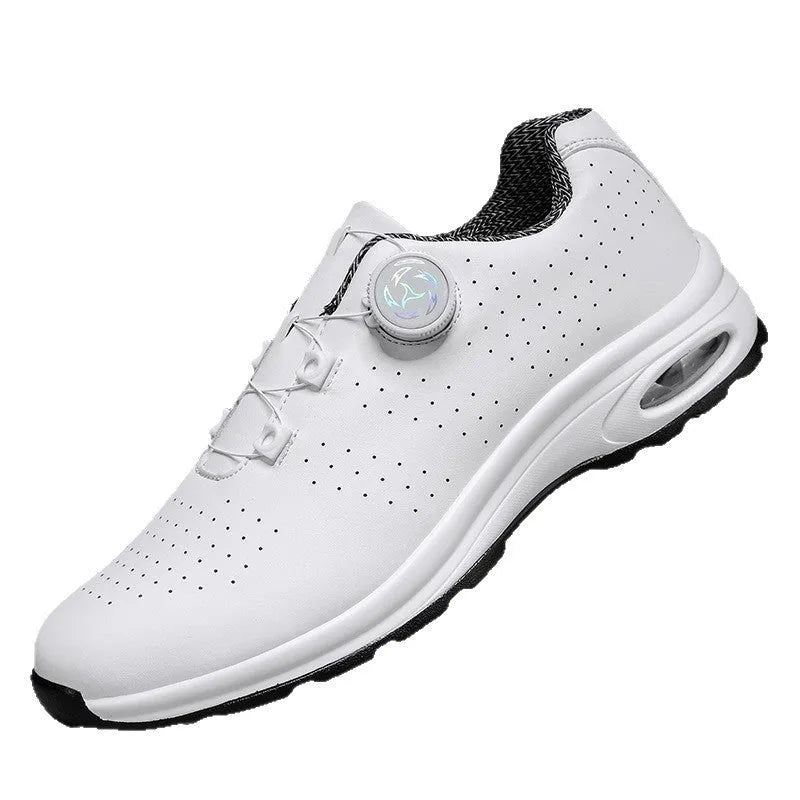Black and white low-top mesh casual shoes with cross shoulder straps and a composite sole.