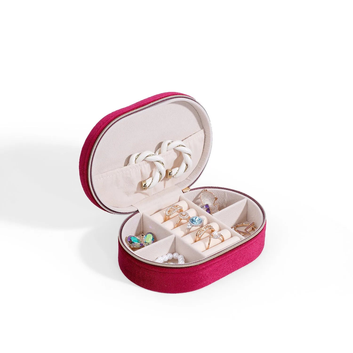 Oval velvet jewellery storage box in multiple colours with flannel lining for rings and earrings