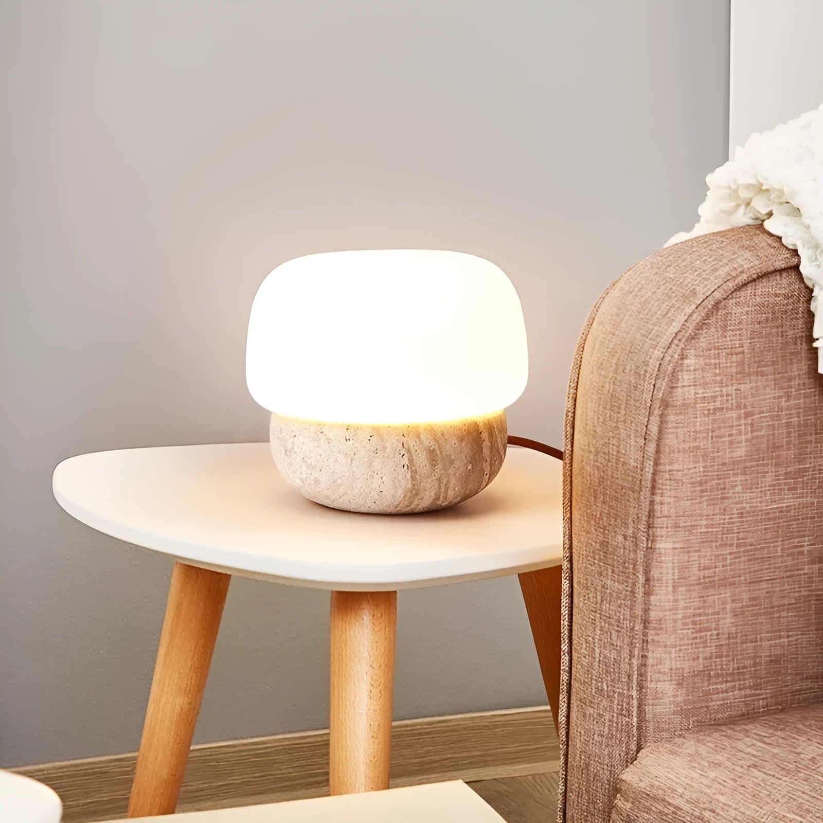 Cream coloured retro style bedside lamp with button switch, measuring 18x17cm