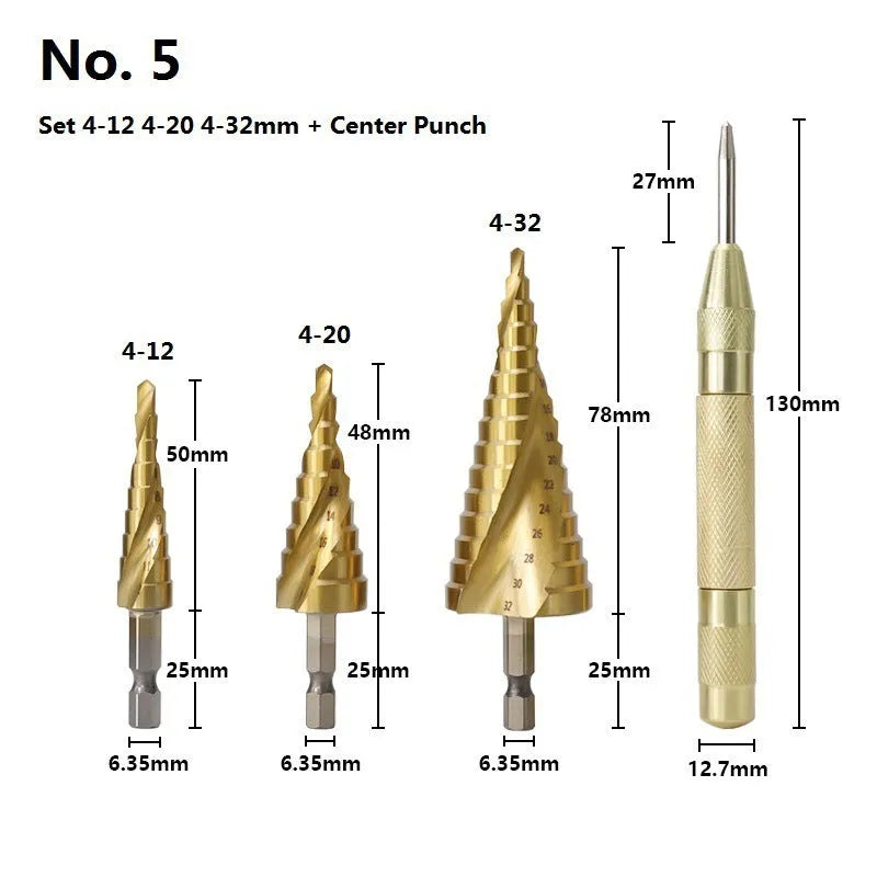 High-speed steel cone drill bit punch set with step bits and centre punch for metal drilling