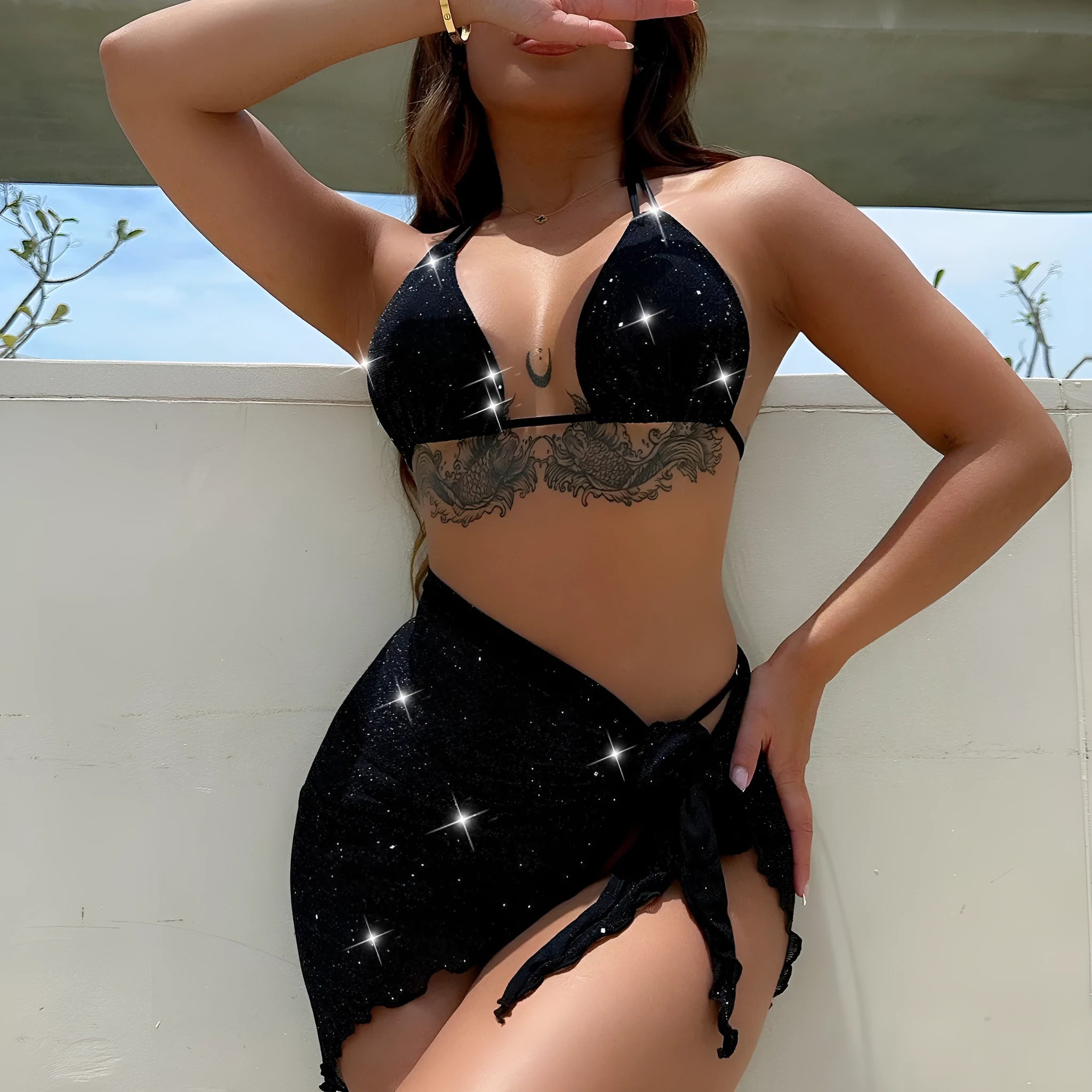 Black three-piece bikini swimsuit set with matching top and shorts on Asian sizing mannequin
