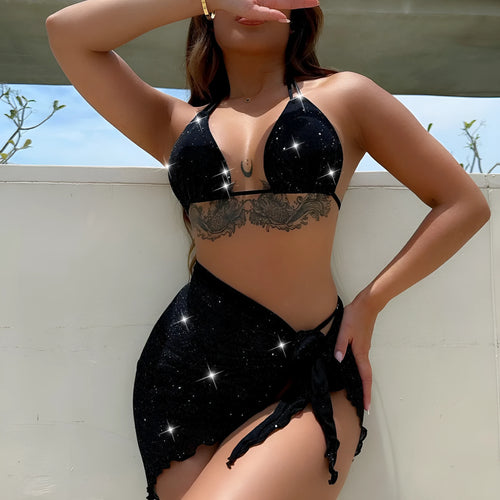 Black three-piece bikini swimsuit set with matching top and shorts on Asian sizing mannequin