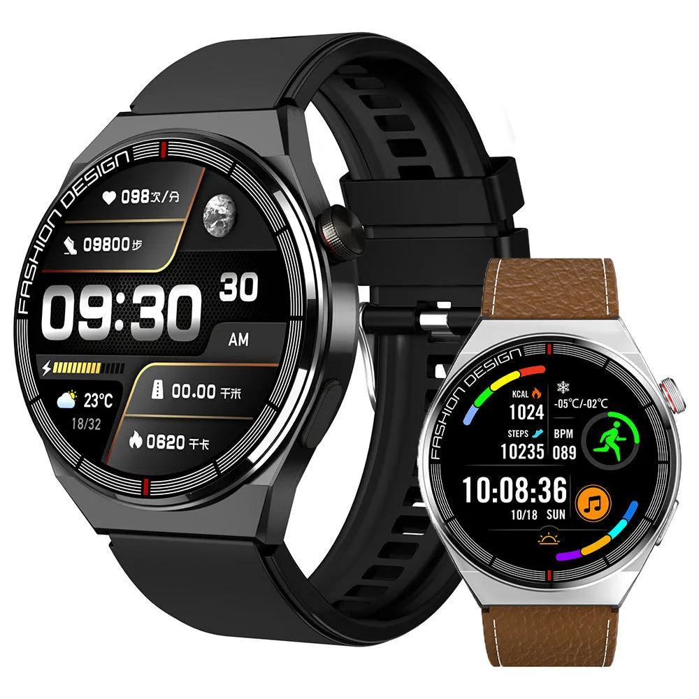 Black smartwatch with 1.28-inch screen on a silicone strap, showing heart rate and time display.
