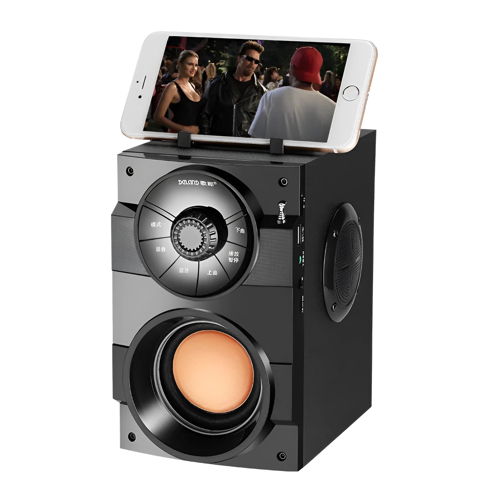 Black portable mini home audio system with subwoofer, satellite speakers, and a connected USB charging cable.