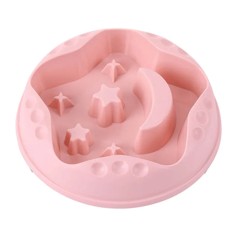 Blue star and wings design large plastic slow feeder dog bowl with maze pattern.
