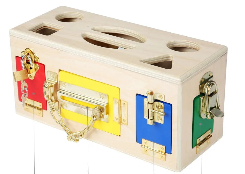 Wooden educational shape sorter puzzle box with 12 geometric blocks for preschool children