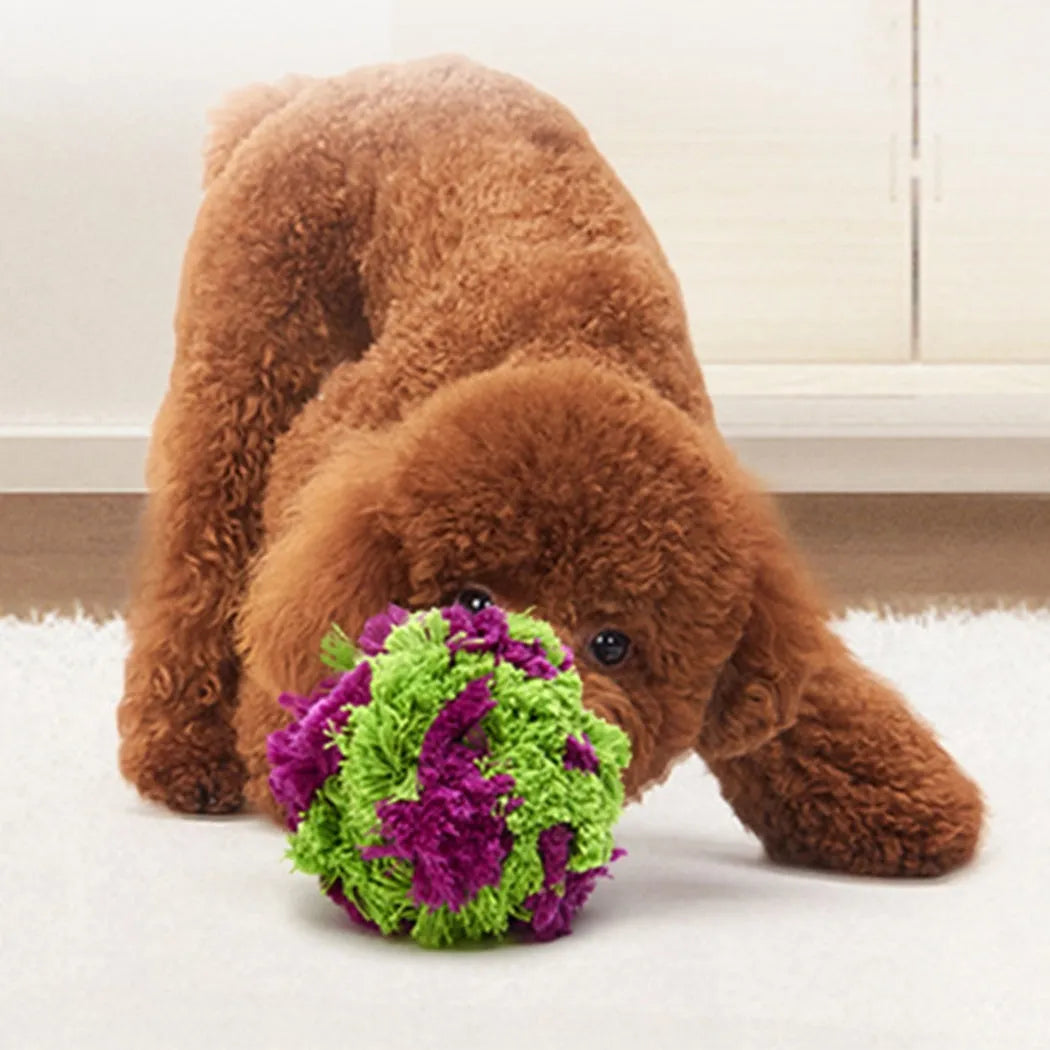 Purple plush dog ball toy with seaweed rope knots, 15cm diameter teething and interactive play toy