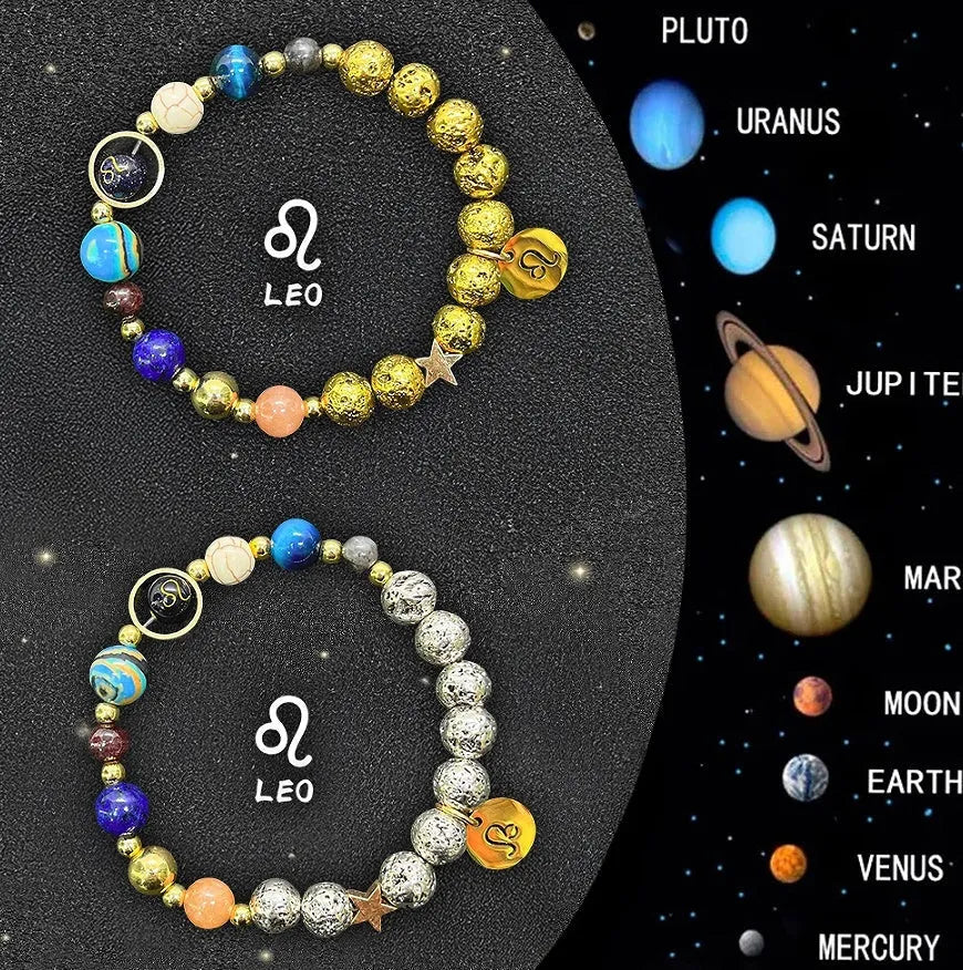Set of two natural stone beaded bracelets with twelve different zodiac sign designs.