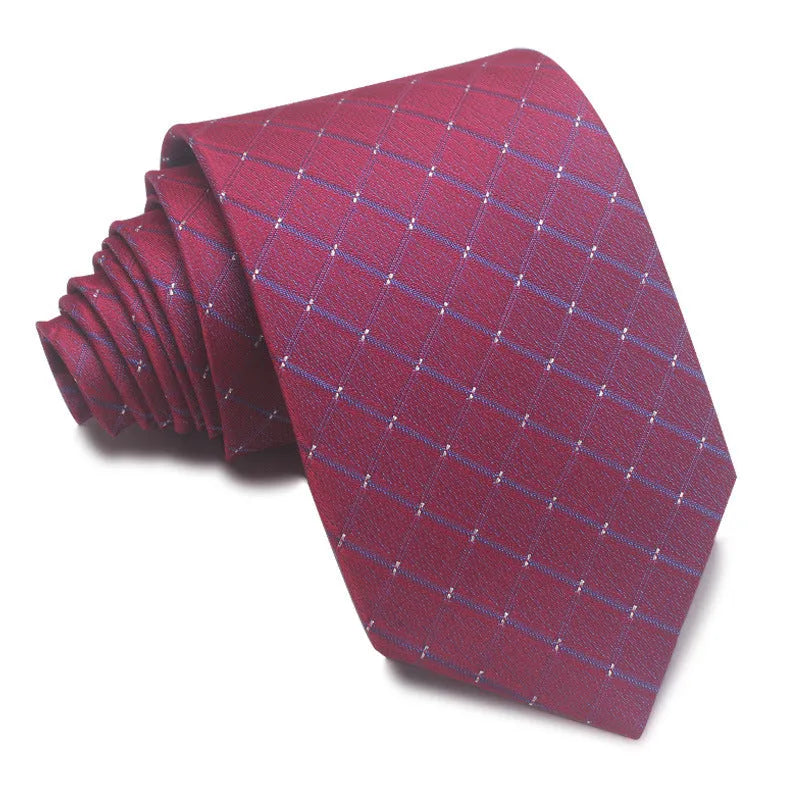 Men's red, black, and blue striped jacquard tie with an arrow shape and 8cm width.