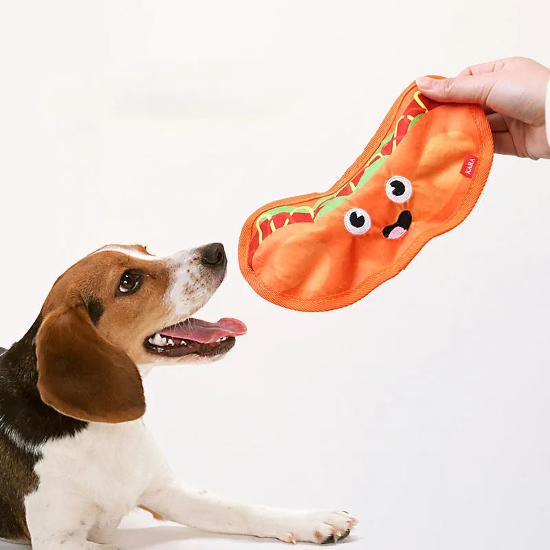 Hamburger-shaped crinkle and squeaky dog toys without stuffing for safe interactive play