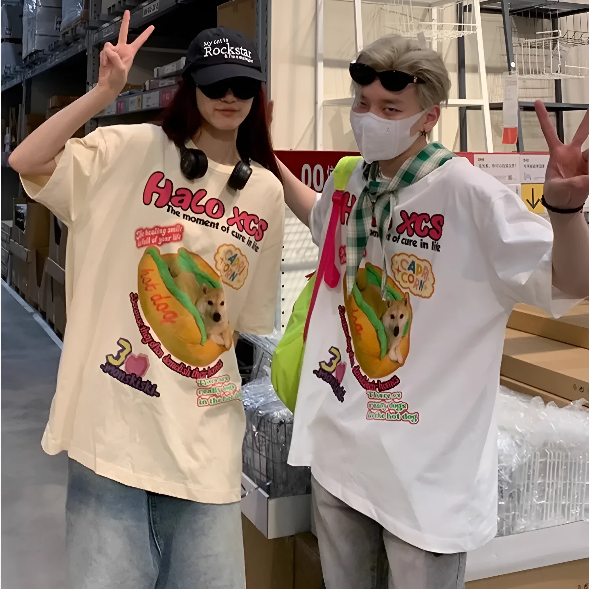 Cartoon hamburger dog printed cotton t-shirt in loose fit showing front design