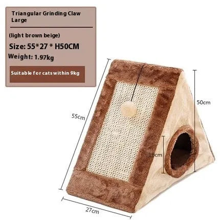 Triangle-shaped cat bed with integrated sisal scratching surfaces on raised platforms